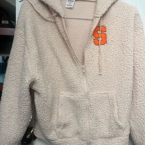 PINK Victoria's Secret Cream Teddy Zip-Up Jacket with Orange 'S' Patch
